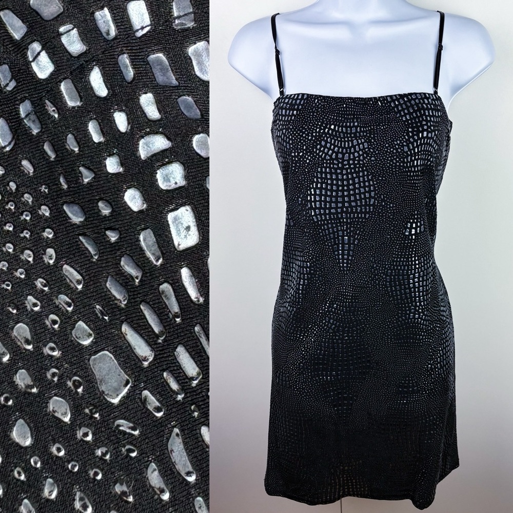 Y2K Silver Reptile Croc Textured Black Cocktail Hoco Mini Dress City Triangles
